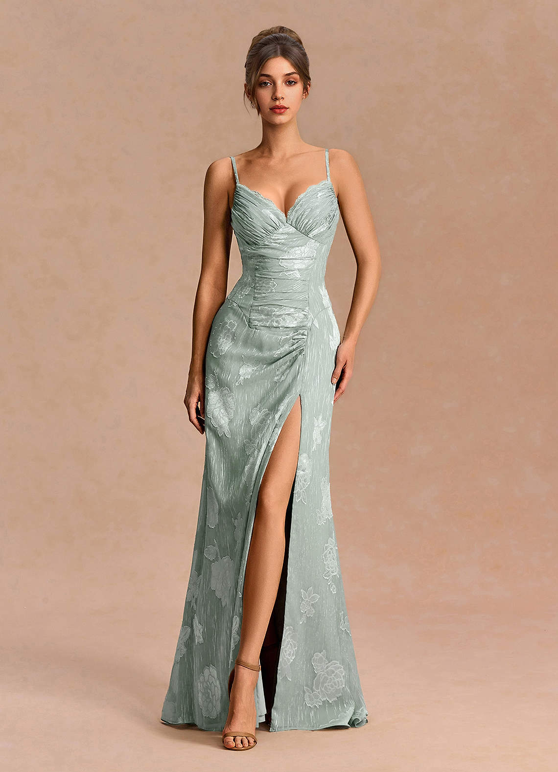 Noelle A-Line Lace-Trim Floral Burnout Evening Dress in Frosted Sage