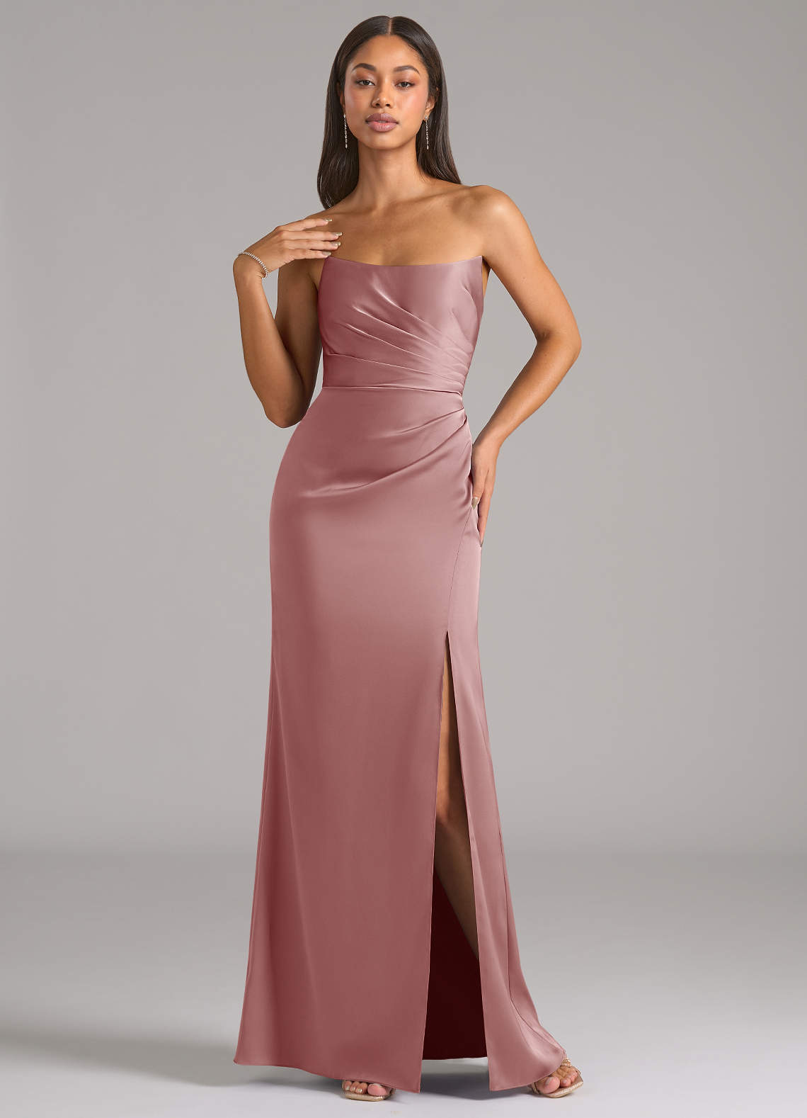 Marla Sheath Strapless Stretch Satin Bridesmaid Dress in dusty rose