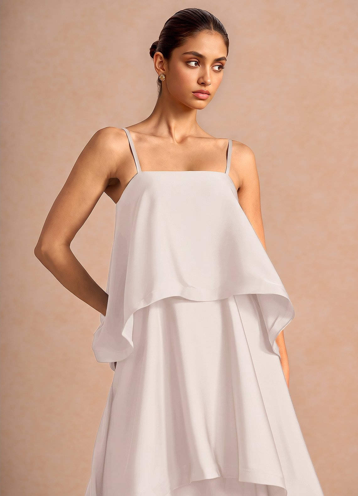 Itasca A-Line Tiered Stretch Satin Wedding Guest Dress in Cream