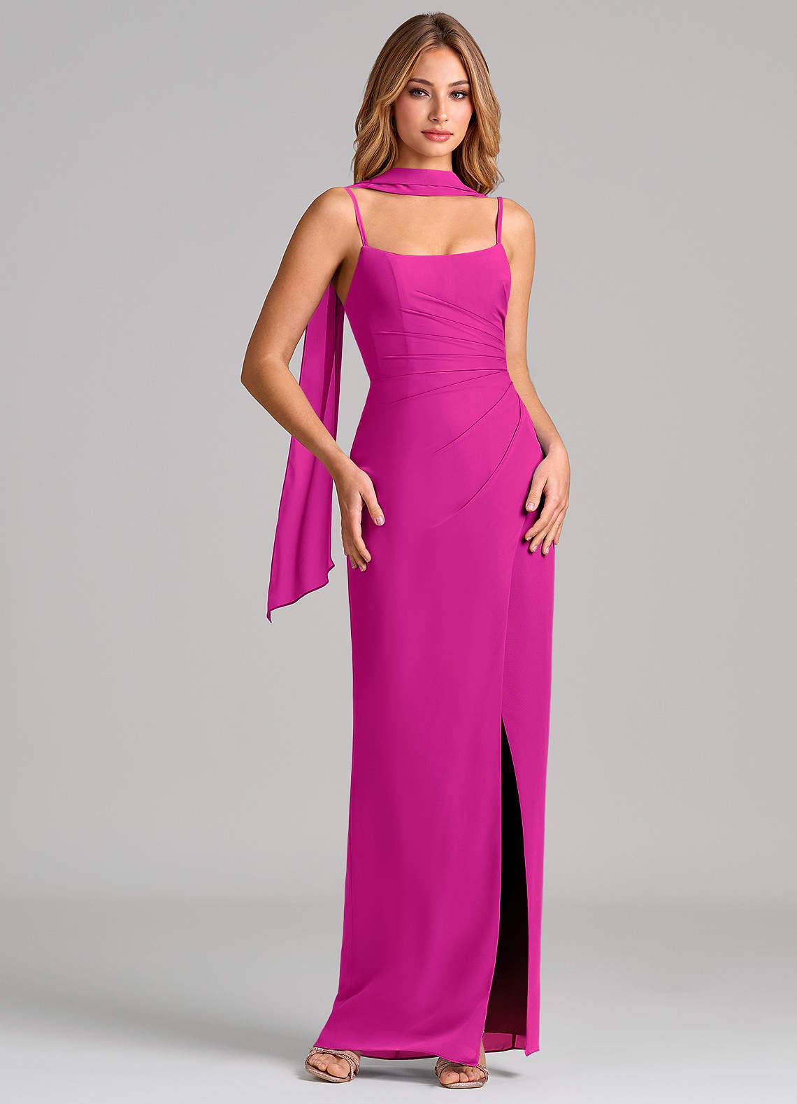 Calandra Sheath Scoop-Neck Chiffon Bridesmaid Dress in Fuchsia