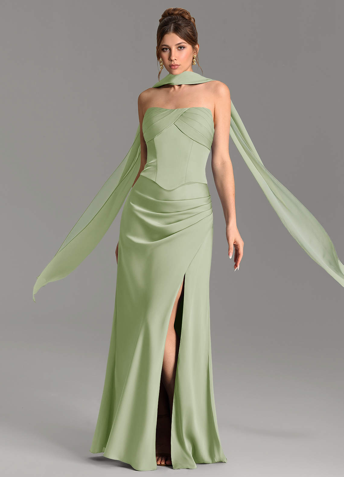 Nicki Sheath Scoop-Neck Stretch Satin Bridesmaid Dress in Dusty Sage