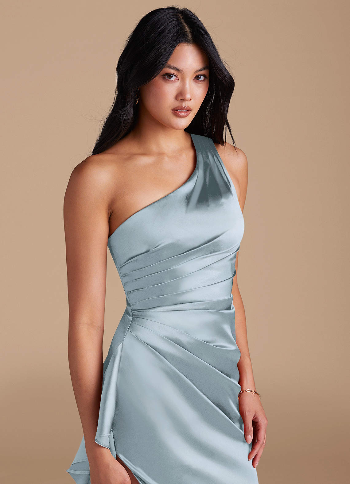 Latrice Sheath One-Shoulder Metallic Satin Bridesmaid Dress in dusty blue