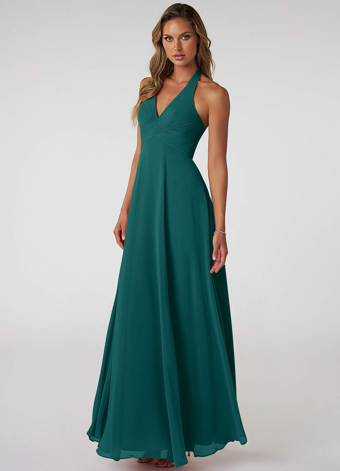 Tessie A-Line V-Neck Chiffon Bridesmaid Dress in Peacock