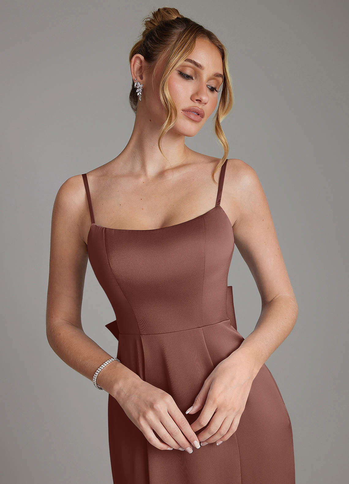 Zherra Mermaid Scoop-Neck Stretch Satin Bridesmaid Dress in Espresso