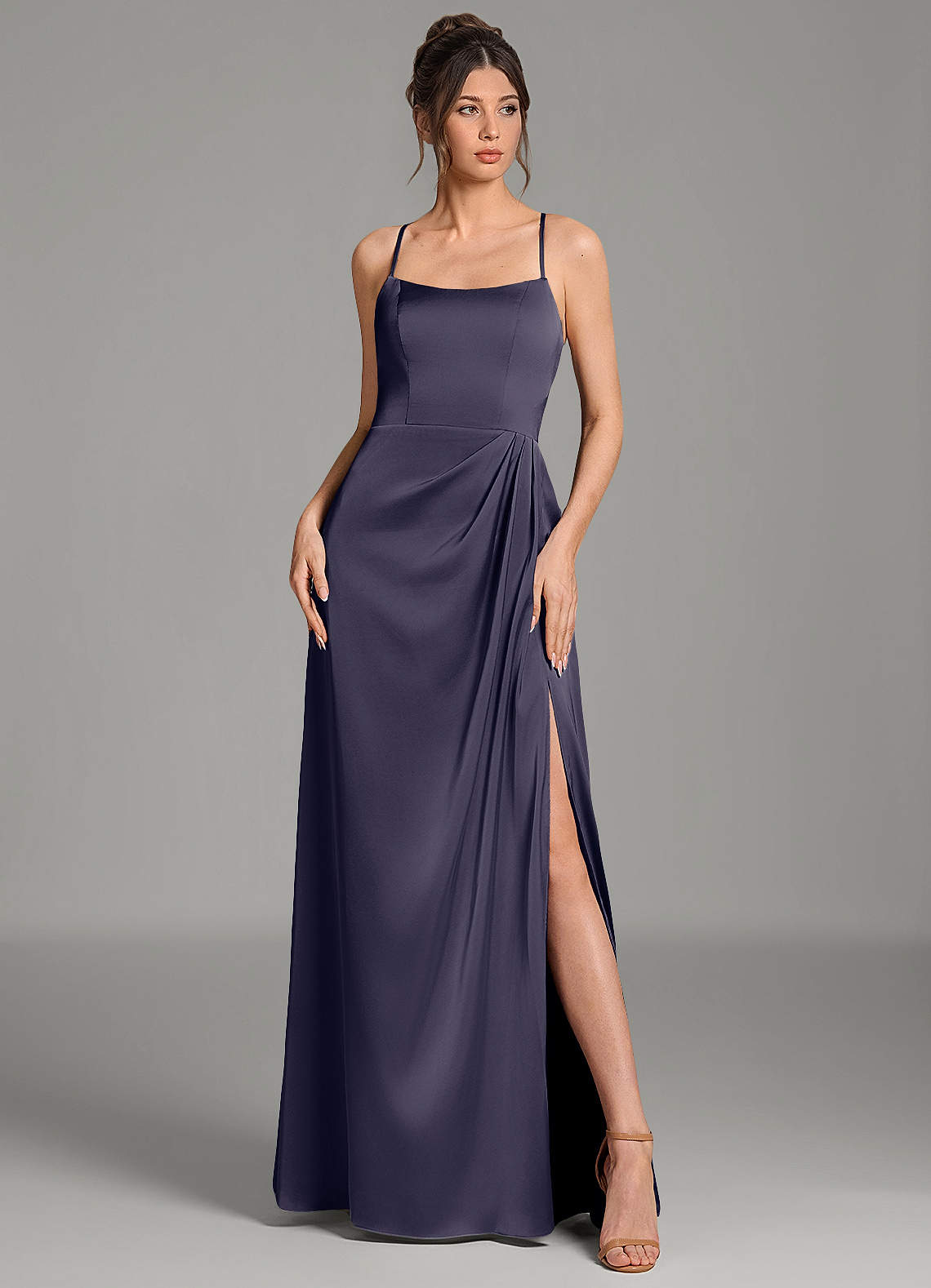 Frankie A-Line Scoop-Neck Stretch Satin Bridesmaid Dress in Stormy