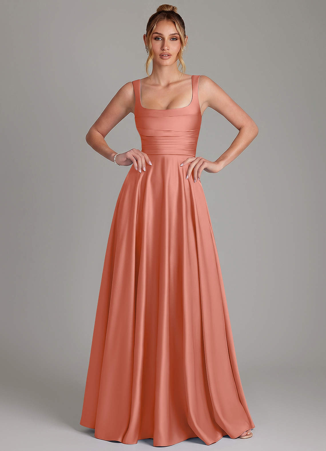 Azaria A-Line Square-Neck Stretch Satin Bridesmaid Dress in Salmon Pink