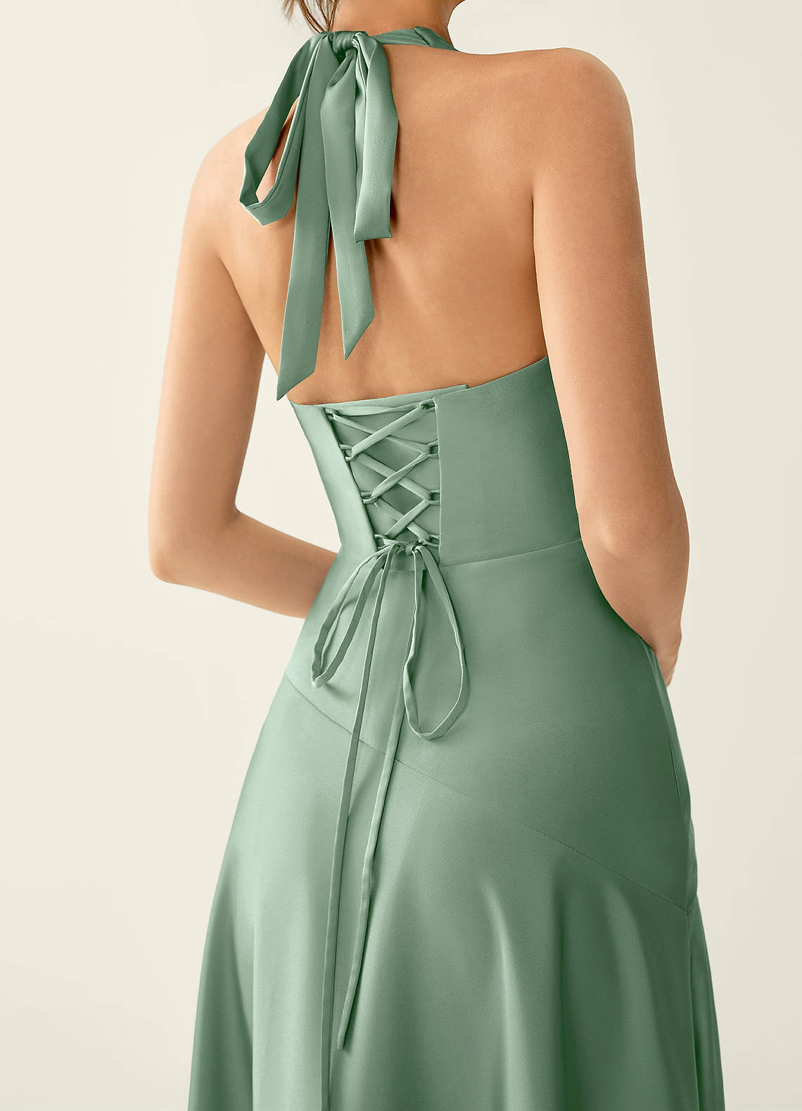 Titania Halter Asymmetric-Ruffle Satin Evening Dress in Agave Green
