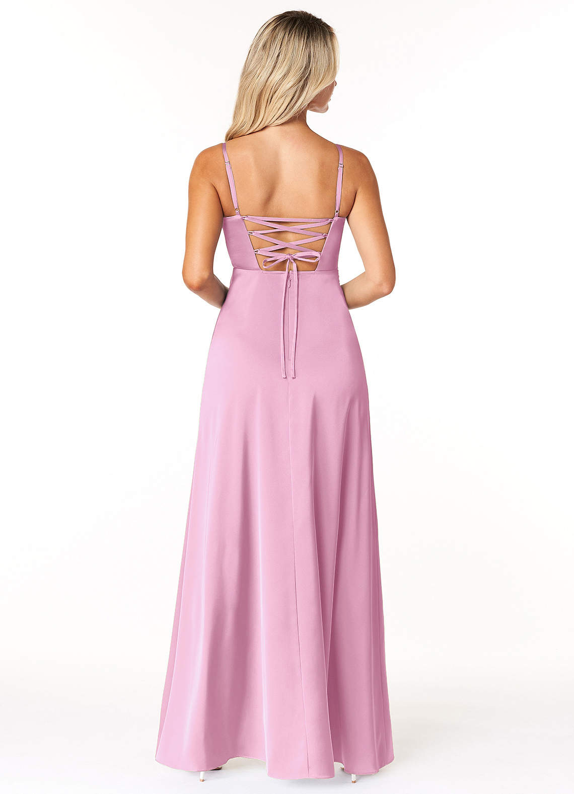 Marchella A-Line V-Neck Stretch Satin Bridesmaid Dress in candy pink