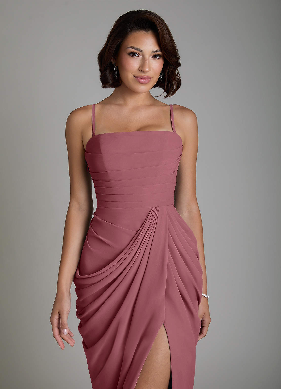 Nyra Sheath Strapless Chiffon Bridesmaid Dress in Desert Rose