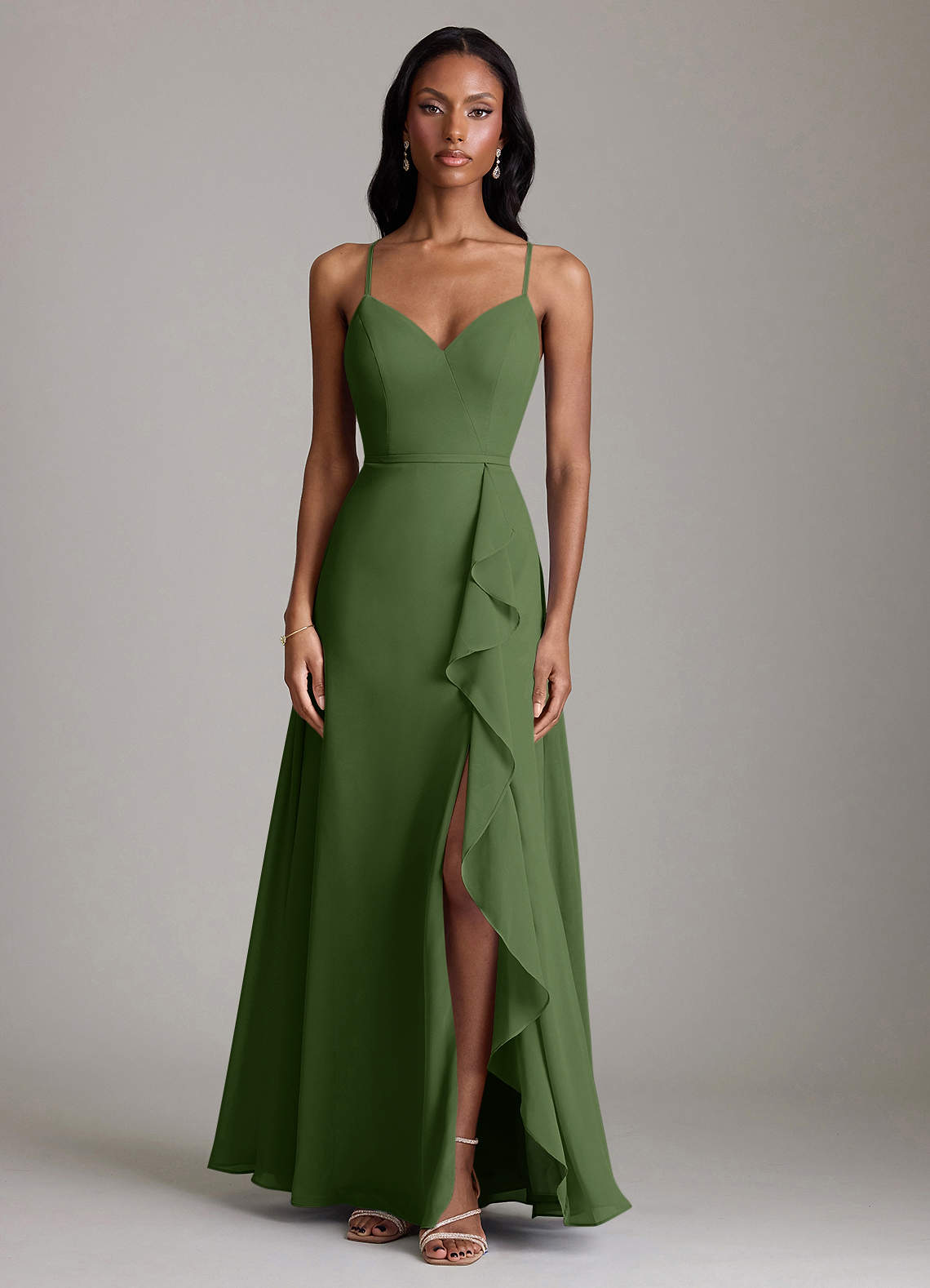 Naeem A-Line V-Neck Chiffon Bridesmaid Dress in Olive