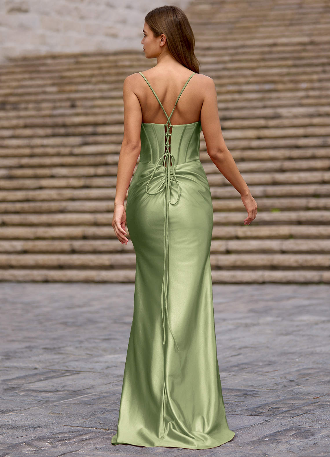 Glow Strapless Corset Slit Stretch Satin Evening Dress in Pistachio