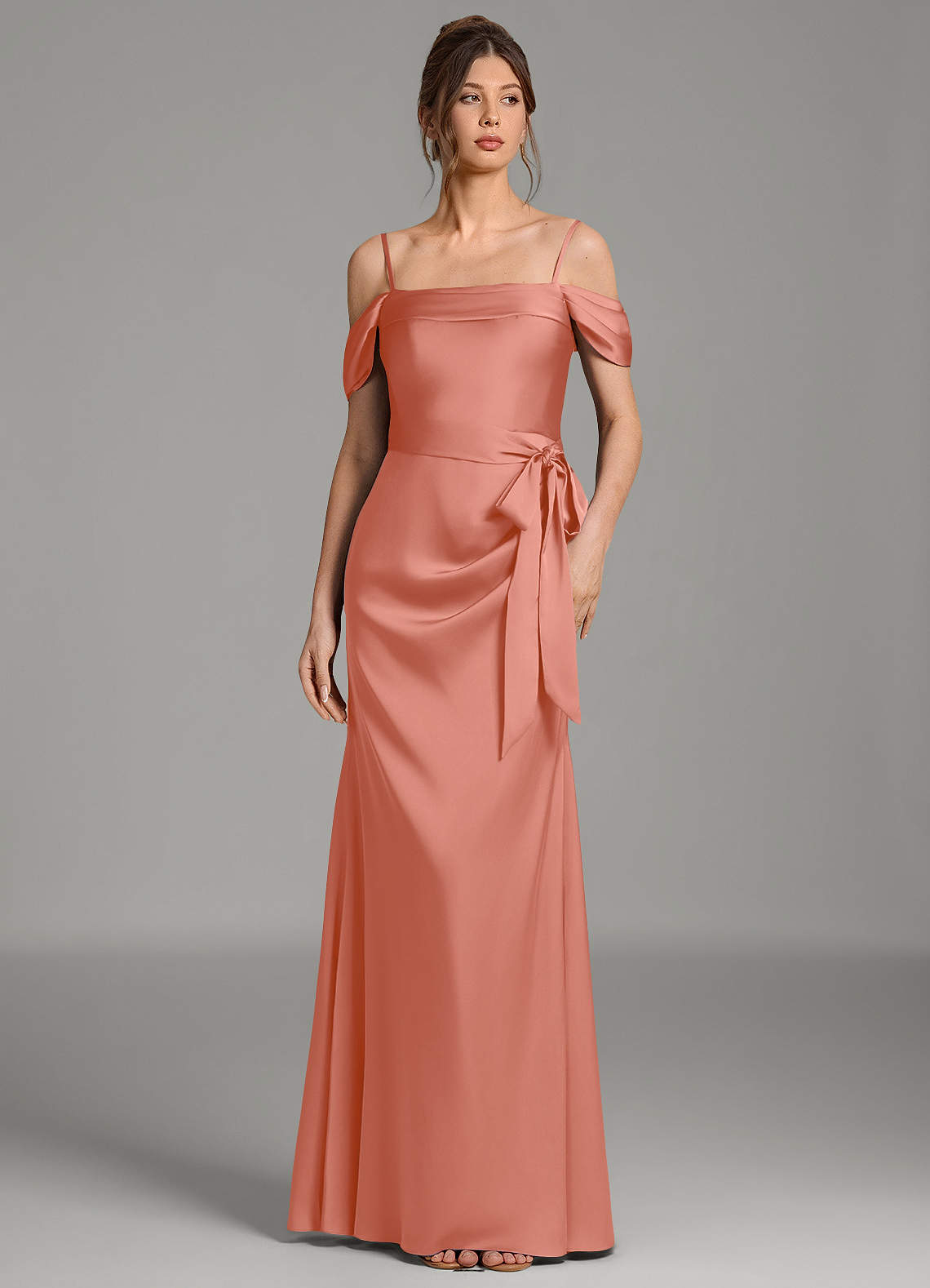 Wyatt Mermaid Off-the-Shoulder Stretch Satin Bridesmaid Dress in Salmon Pink