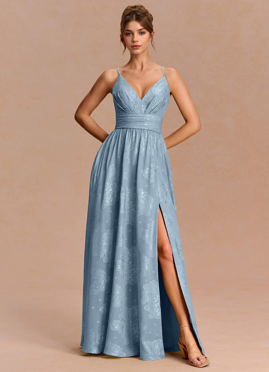 Anaëlle A-Line V-Neck Chiffon Burnout Evening Dress in Powder Blue