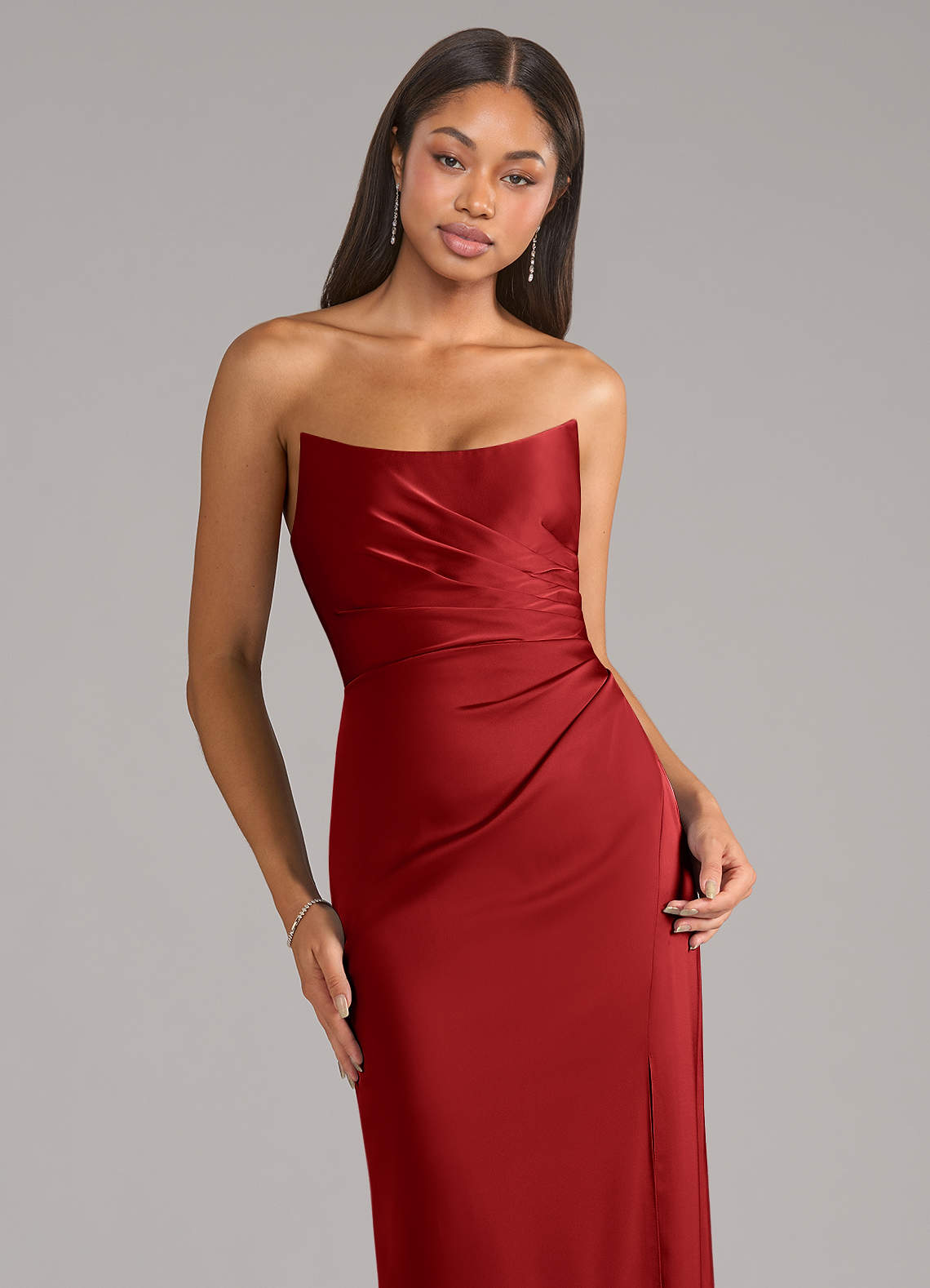 Marla Sheath Strapless Stretch Satin Bridesmaid Dress in Pomegranate