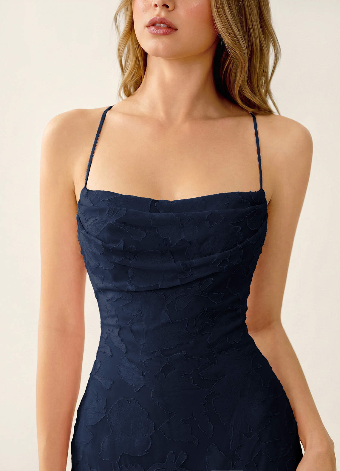 Natasha Mermaid Spaghetti-Strap Floral Burnout Evening Dress in Navy
