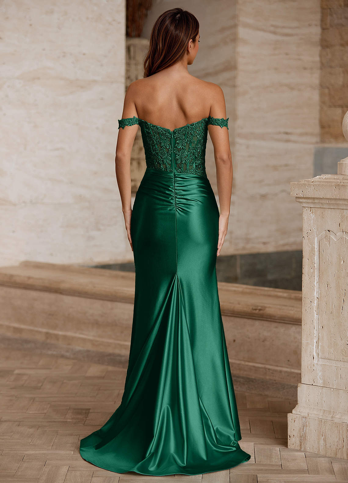 Wrentino Mermaid Off-the-Shoulder Stretch Satin Evening Dress in Dark Green