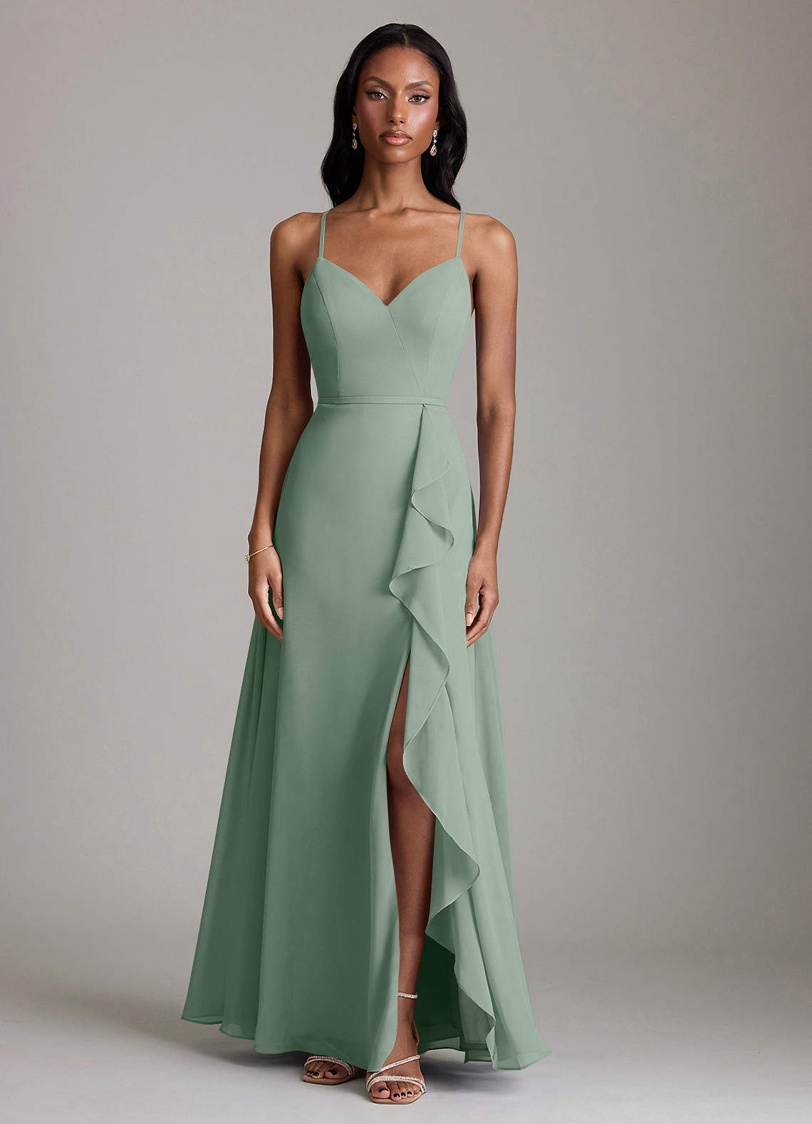 Naeem A-Line V-Neck Chiffon Bridesmaid Dress in Silver Sage
