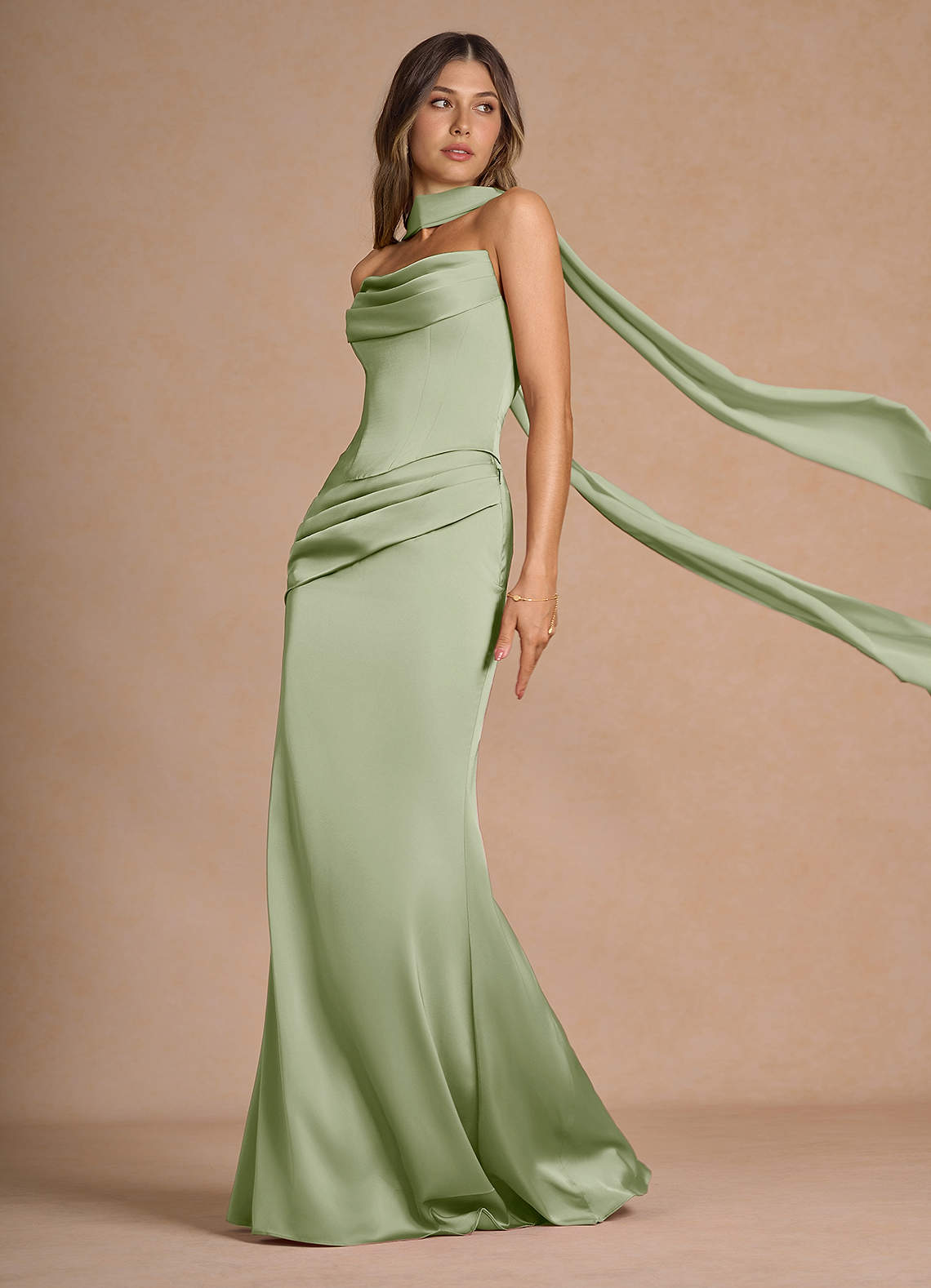 Sorrel Mermaid Corset Stretch Satin Evening Set in Dusty Sage