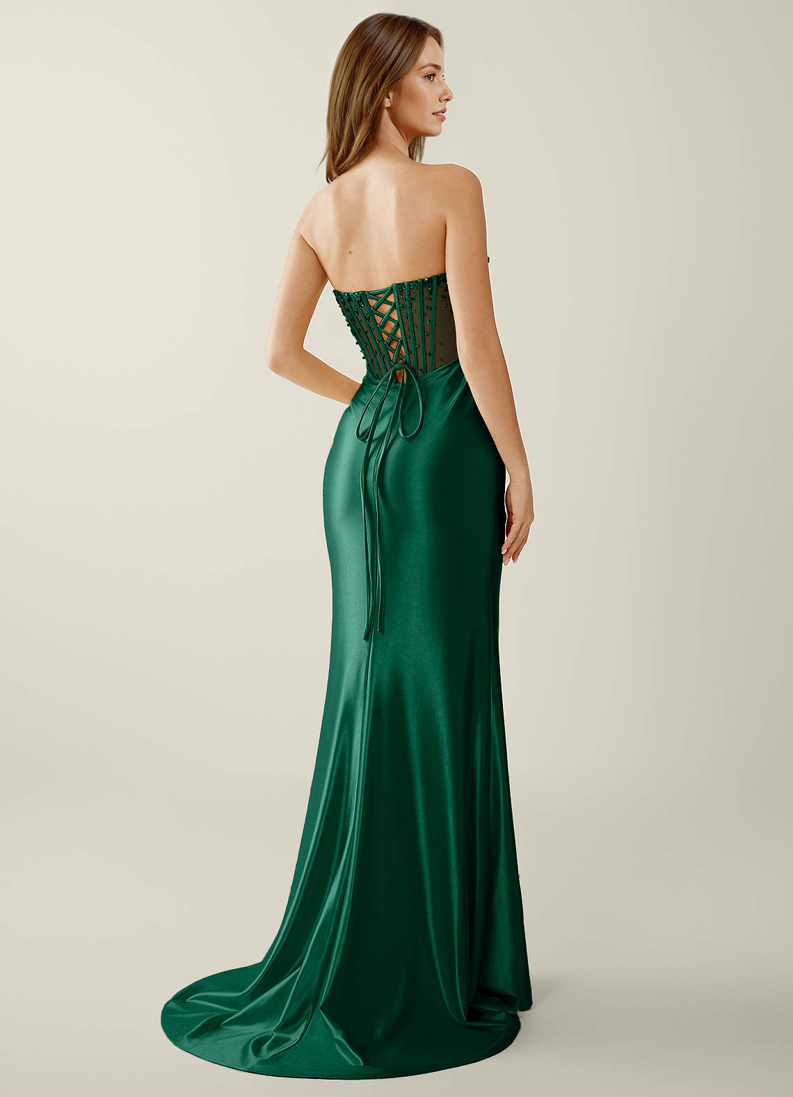 Willa Mermaid Strapless Sequined Satin Evening Dress in Dark Green