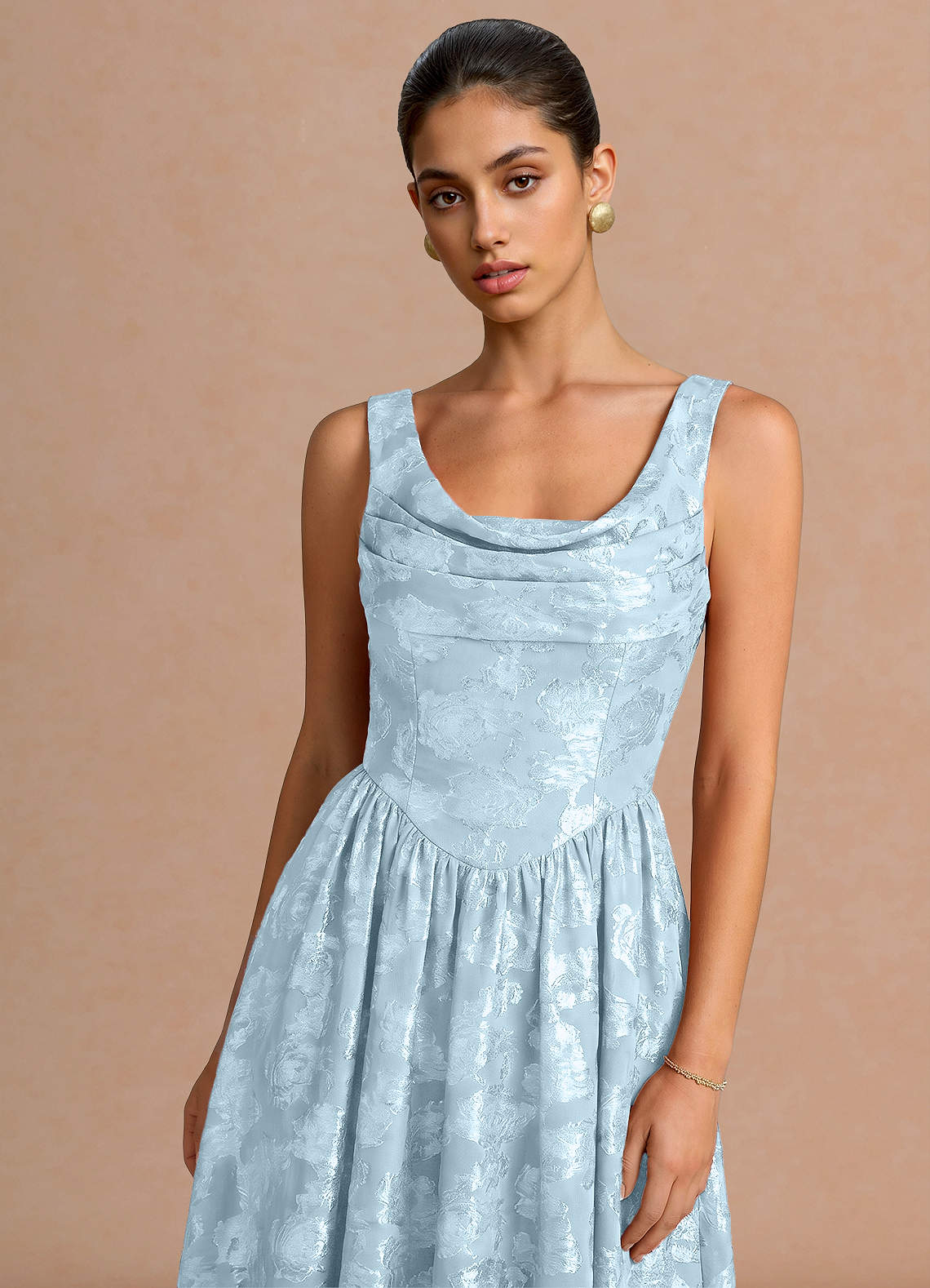Novi A-Line Draped-Neck Floral Fil Coupé Evening Dress in Powder Blue