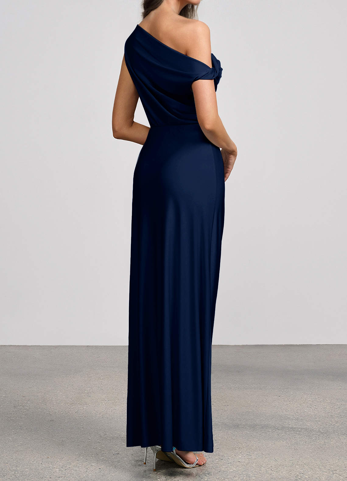 Elowen Mermaid One-Shoulder Glossy Knit Evening Dress in Navy