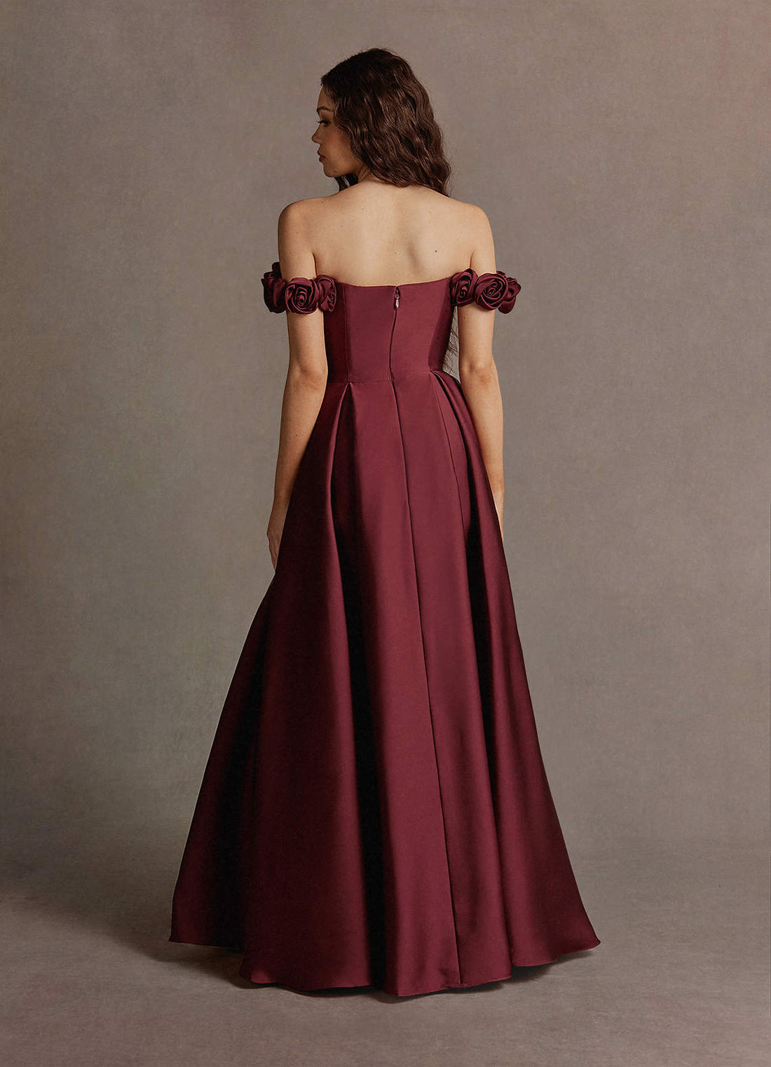 Romance A-Line Off-the-Shoulder 3D Rose Stretch Satin Evening Dress in Wine