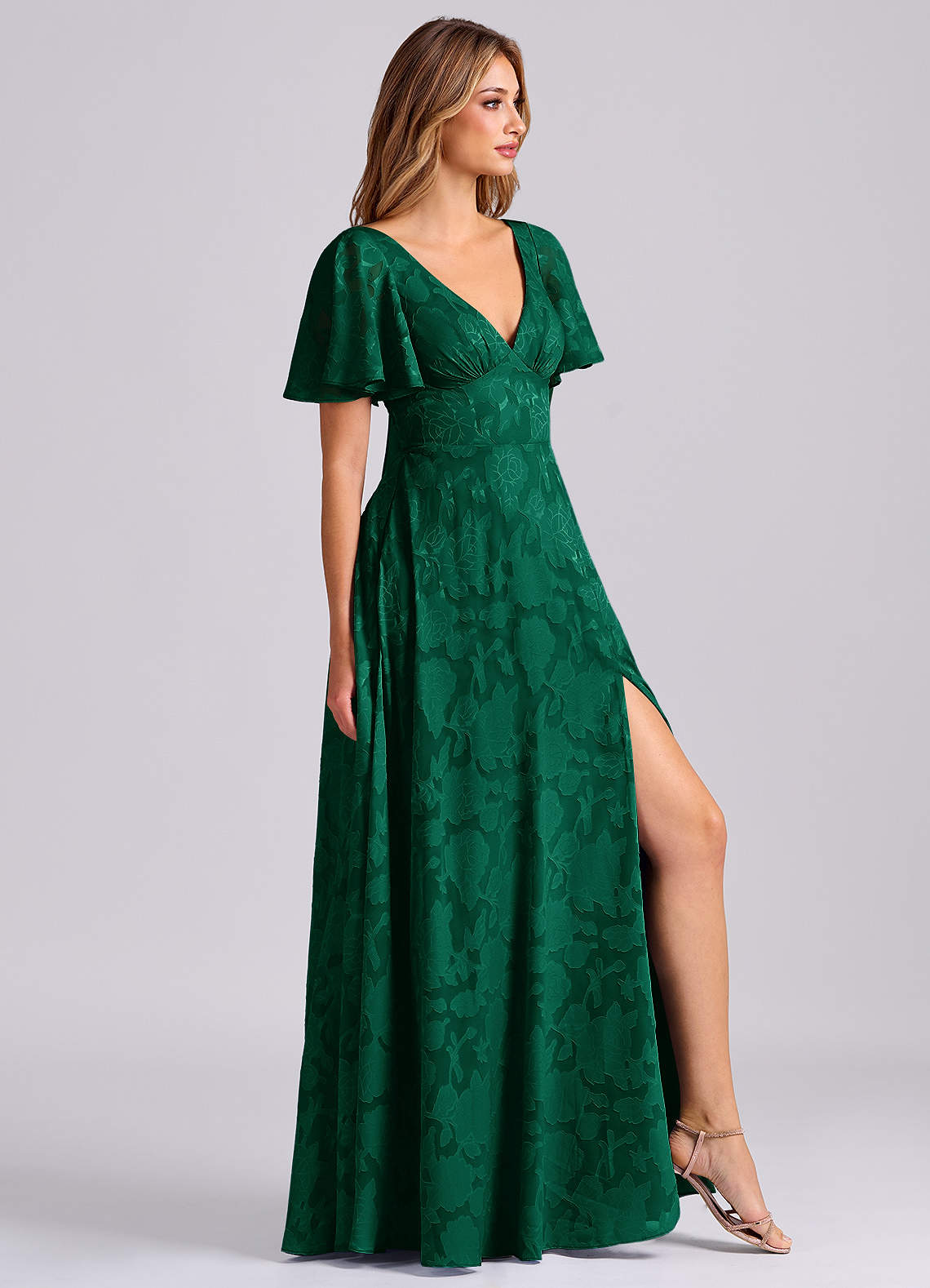 Kimber A-Line V-Neck Floral Burnout Bridesmaid Dress in Emerald