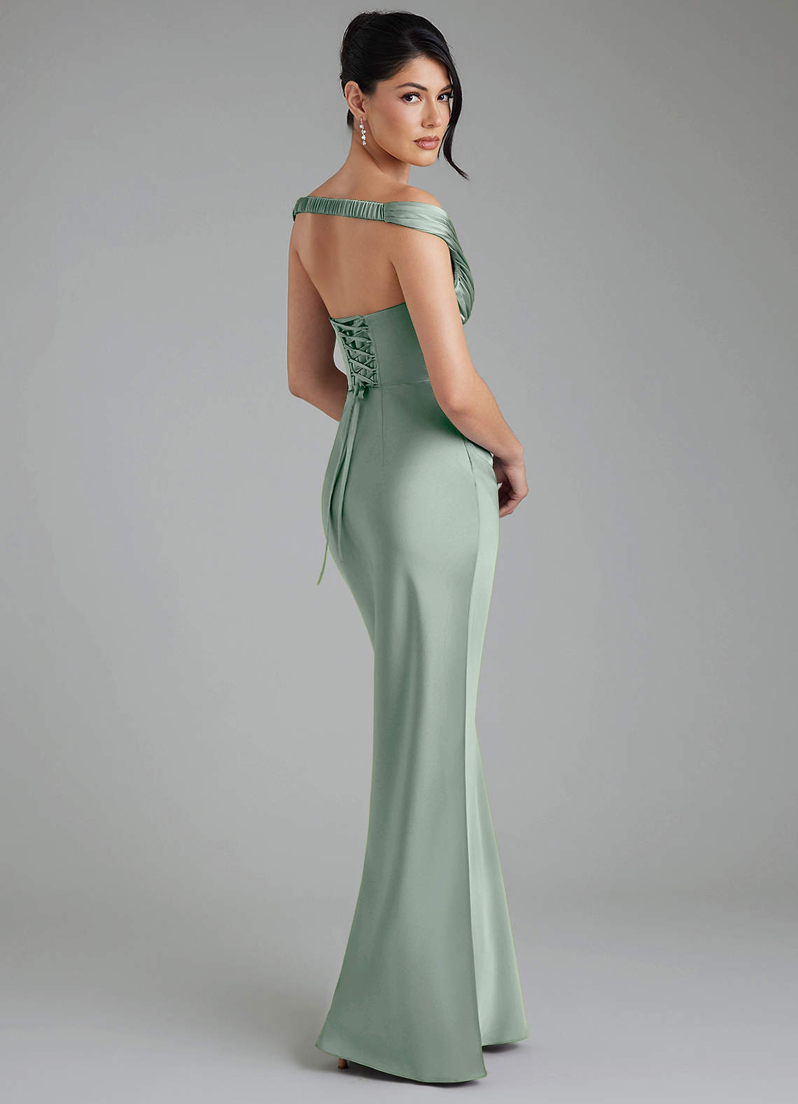 Stella Sheath V-Neck Stretch Satin Bridesmaid Dress in Agave