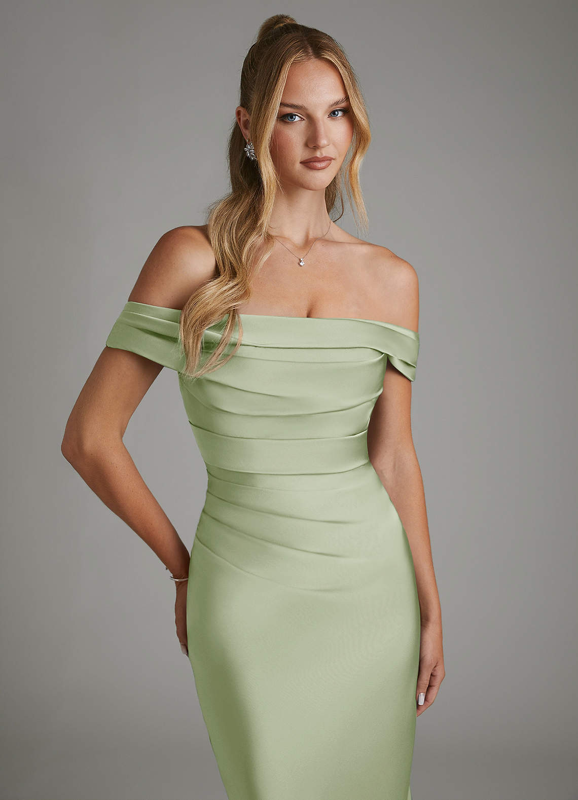 Hayden Mermaid Off-the-Shoulder Stretch Satin Bridesmaid Dress in Dusty Sage
