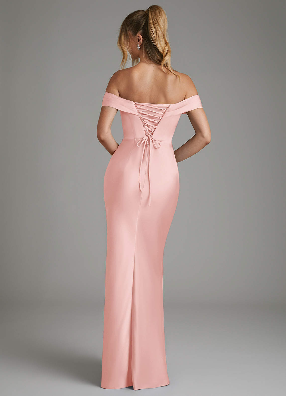 Hayden Mermaid Off-the-Shoulder Stretch Satin Bridesmaid Dress in Powder Pink