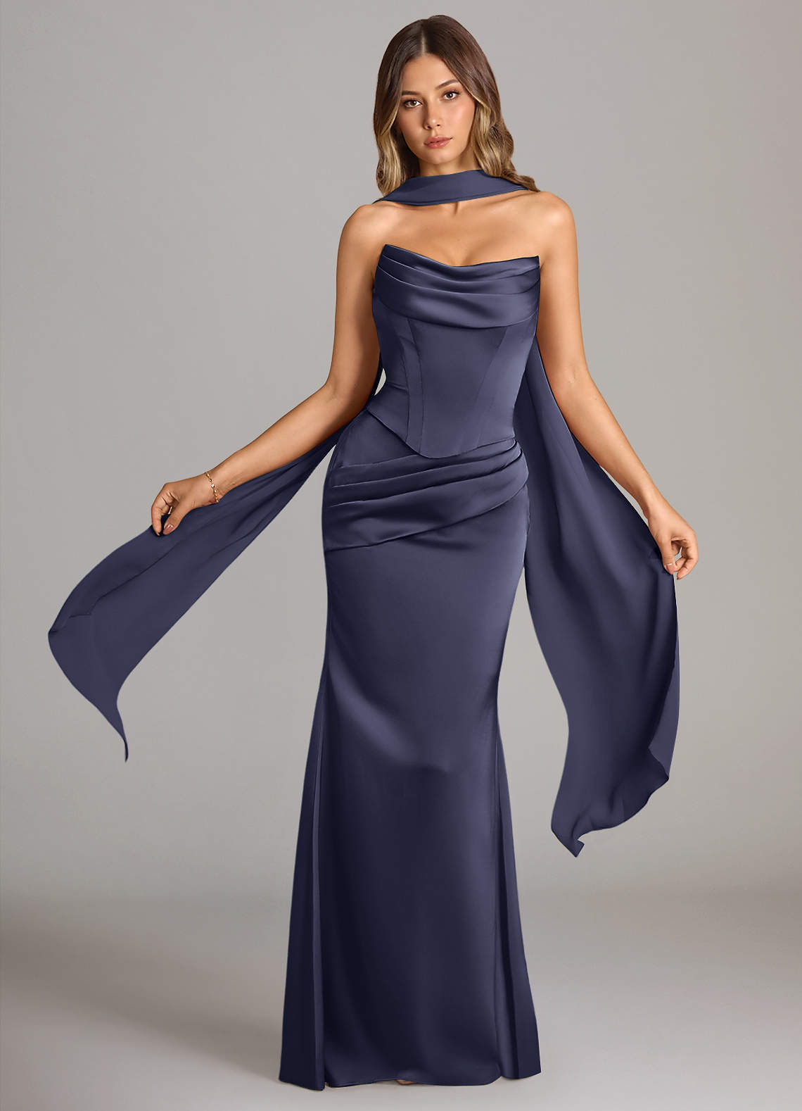Sorrel Mermaid Cowl-Neck Stretch Satin and Chiffon Bridesmaid Dress in Stormy