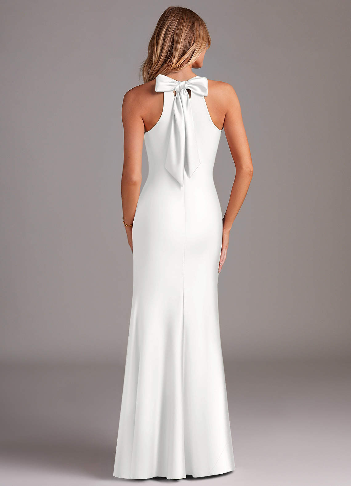 Doretta Mermaid Halter Stretch Satin Bridesmaid Dress in white