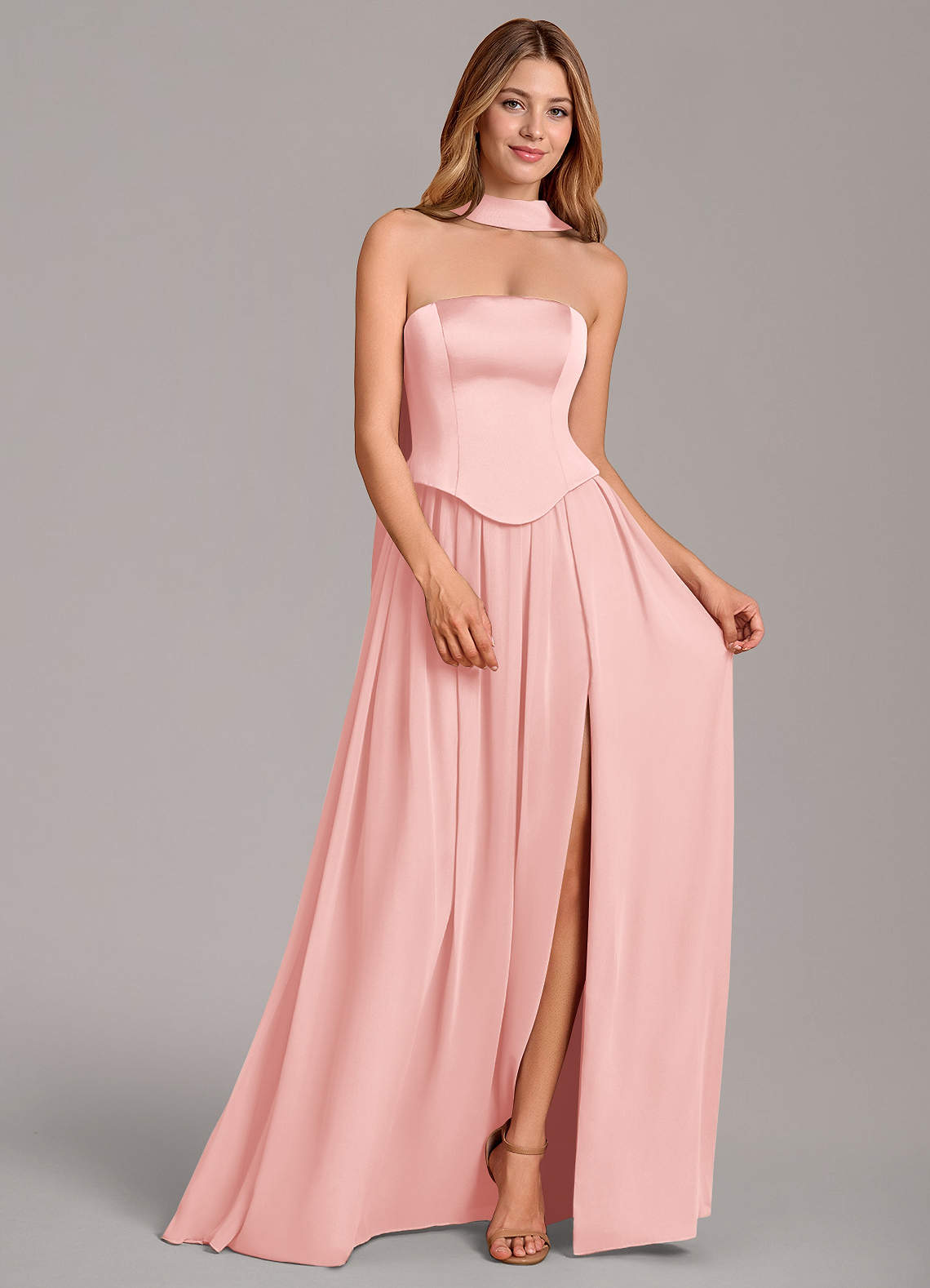 Cadence A-Line Strapless Chiffon and Stretch Satin Bridesmaid Dress in Powder Pink