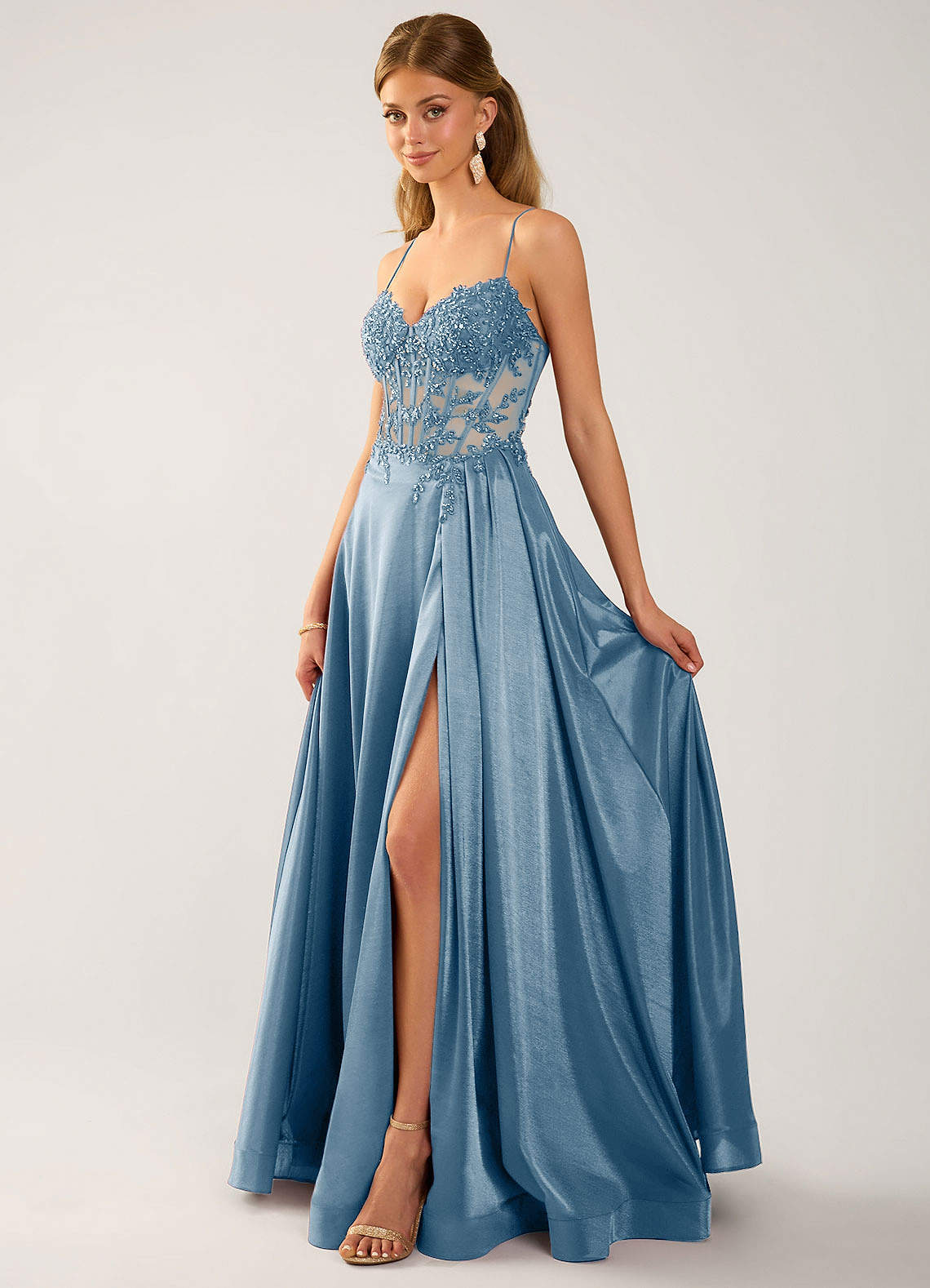 Isoldemark A-Line Sweetheart Satin Evening Dress in dusty blue