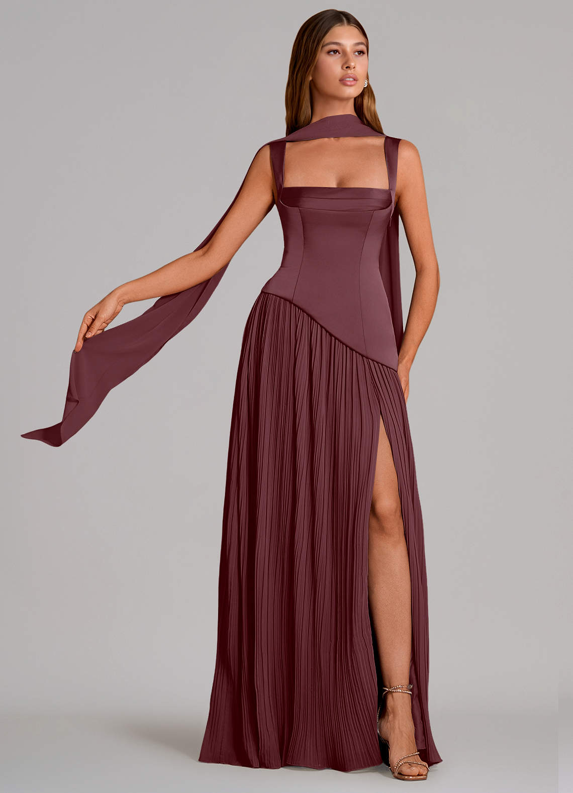 Stephanie A-Line Square-Neck Stretch Satin and Chiffon Bridesmaid Dress in Sangria