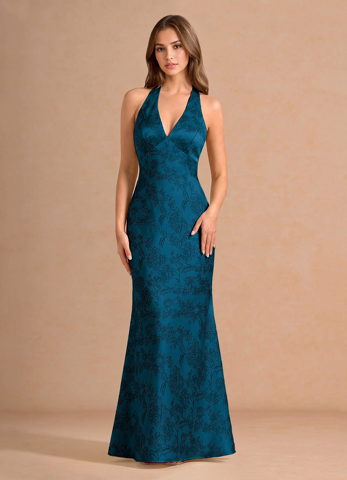 Ottoline Plunging V-Neck Open-Back Jacquard Evening Dress in Navy Black