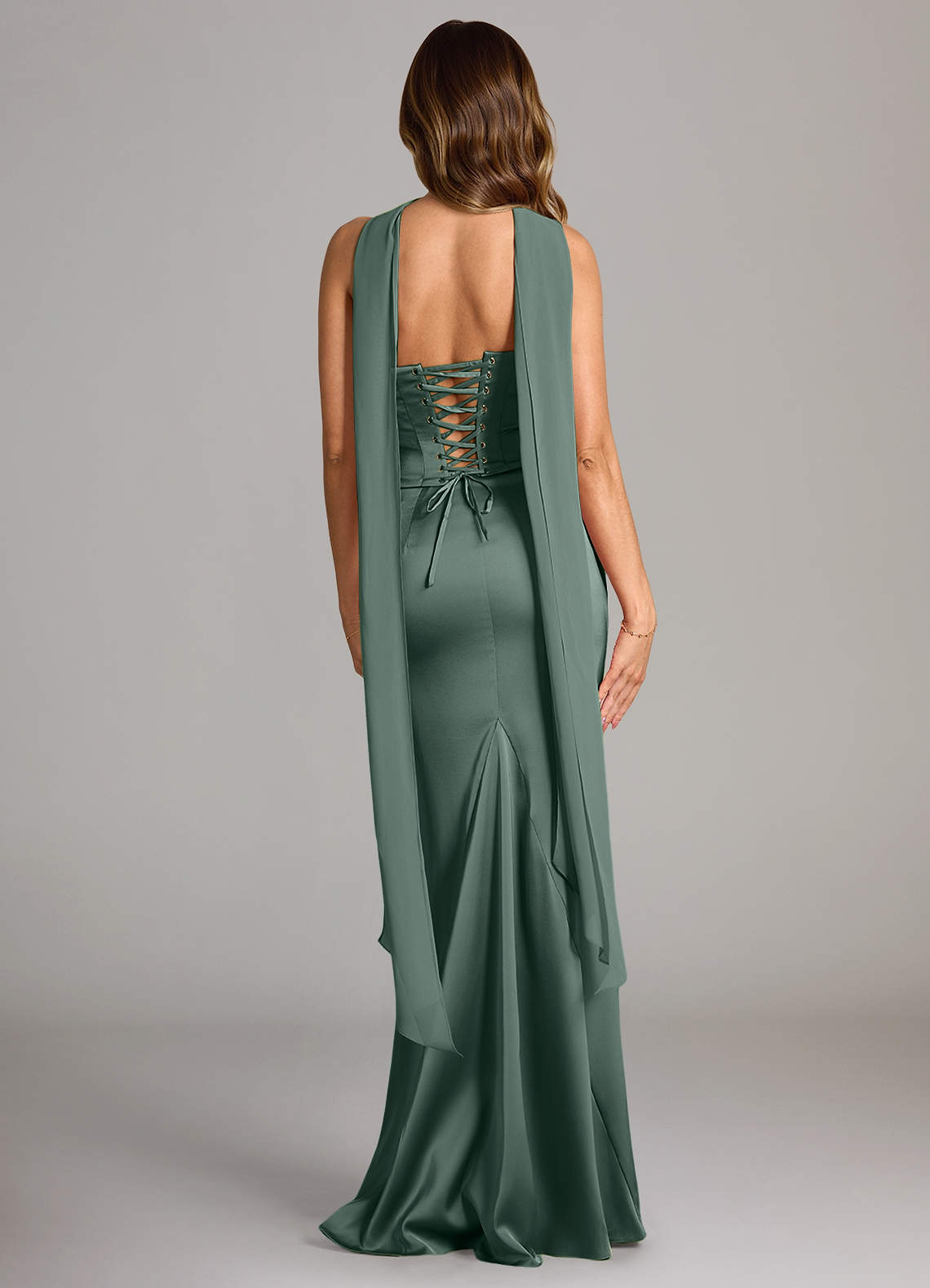 Sorrel Mermaid Cowl-Neck Stretch Satin and Chiffon Bridesmaid Dress in Sea Moss