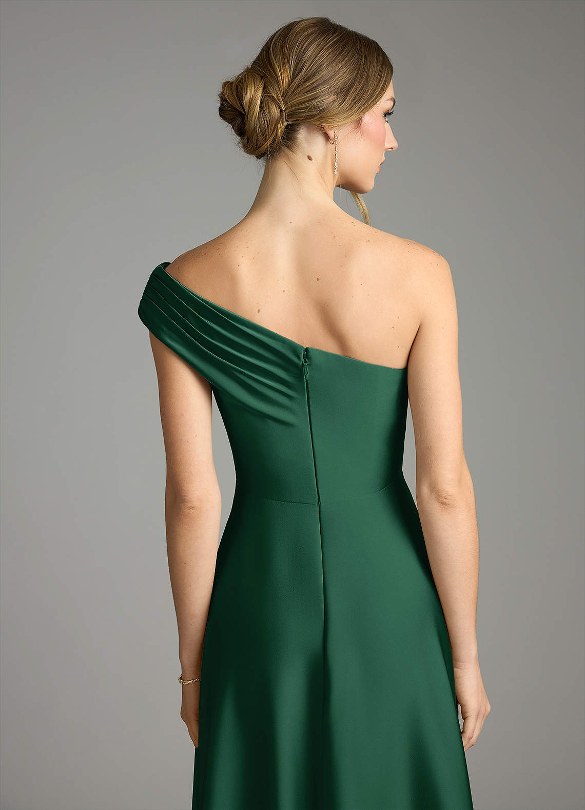 Melanie A-Line One-Shoulder Stretch Satin Bridesmaid Dress in Dark Green