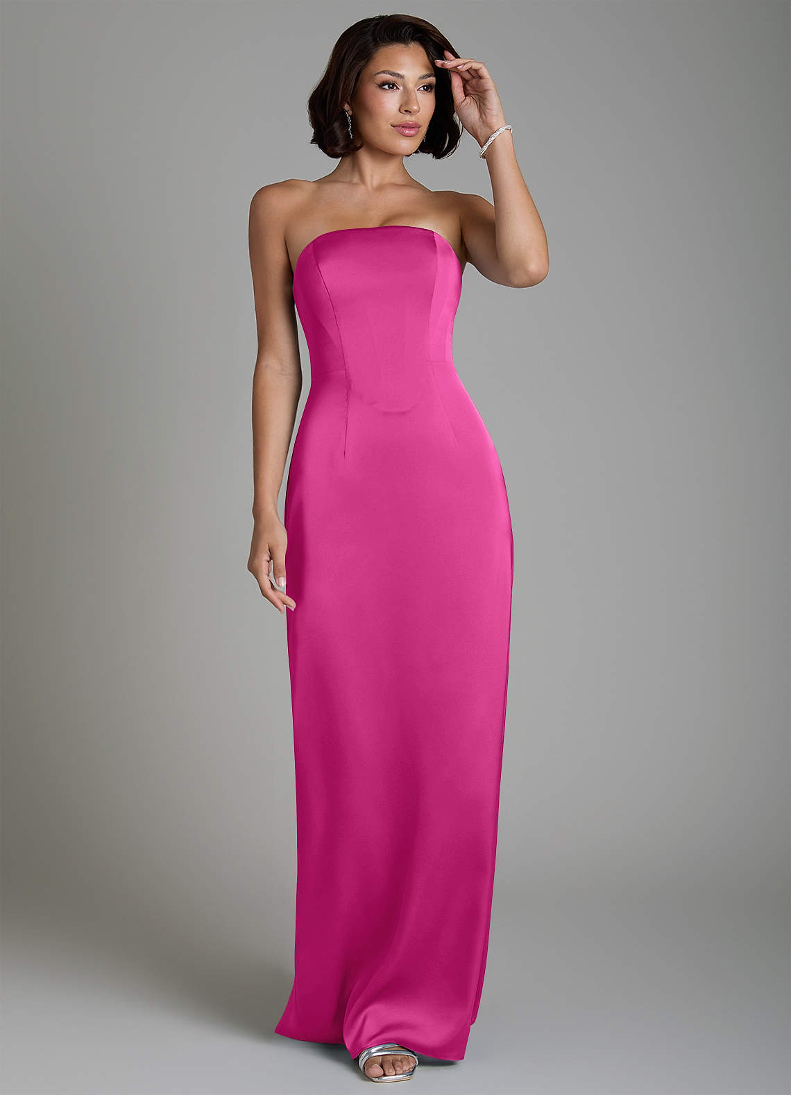 Fallyn Sheath Strapless Stretch Satin Bridesmaid Dress in Fuchsia