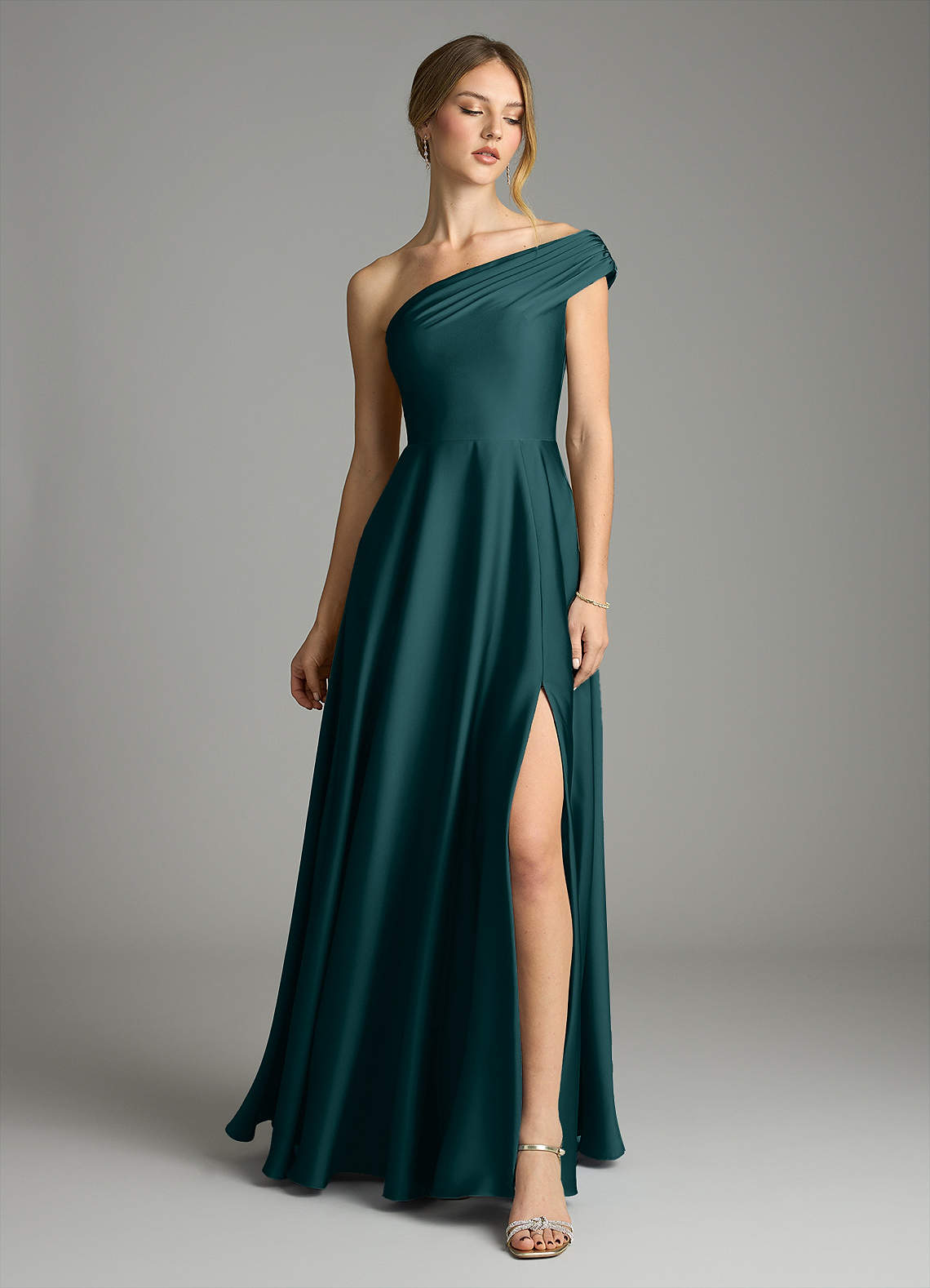 Melanie A-Line One-Shoulder Stretch Satin Bridesmaid Dress in Pine