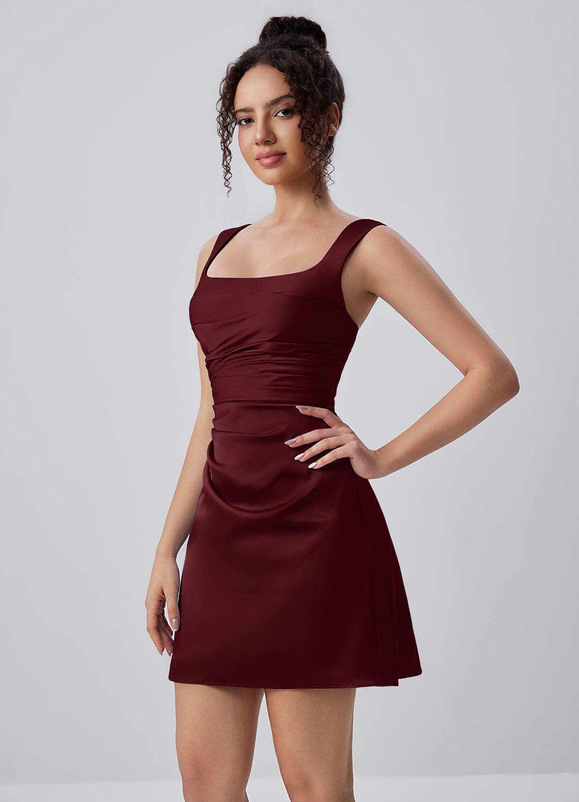 Isabeau Bodycon Mini Square-Neck Satin Prom Dress in Wine