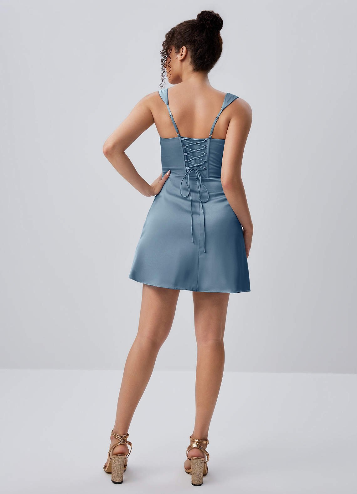 Isabeau Bodycon Mini Square-Neck Satin Prom Dress in Dusty Blue