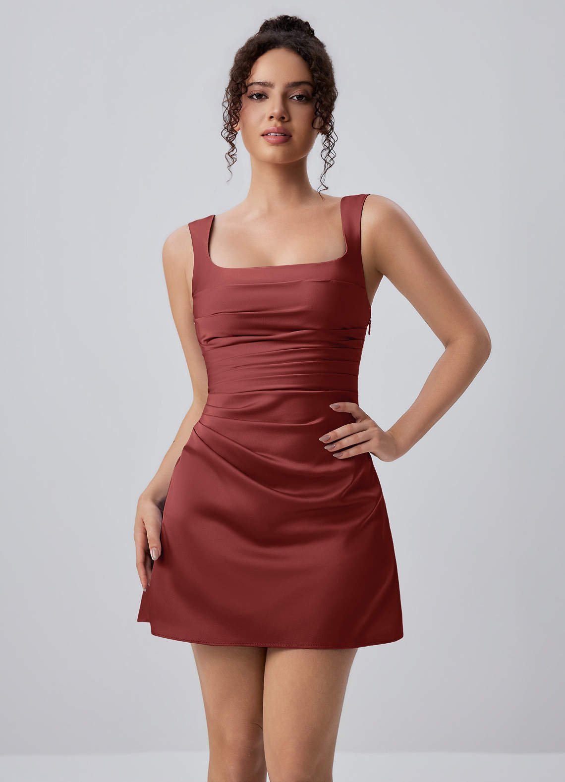 Isabeau Bodycon Mini Square-Neck Satin Prom Dress in Dusty Rose