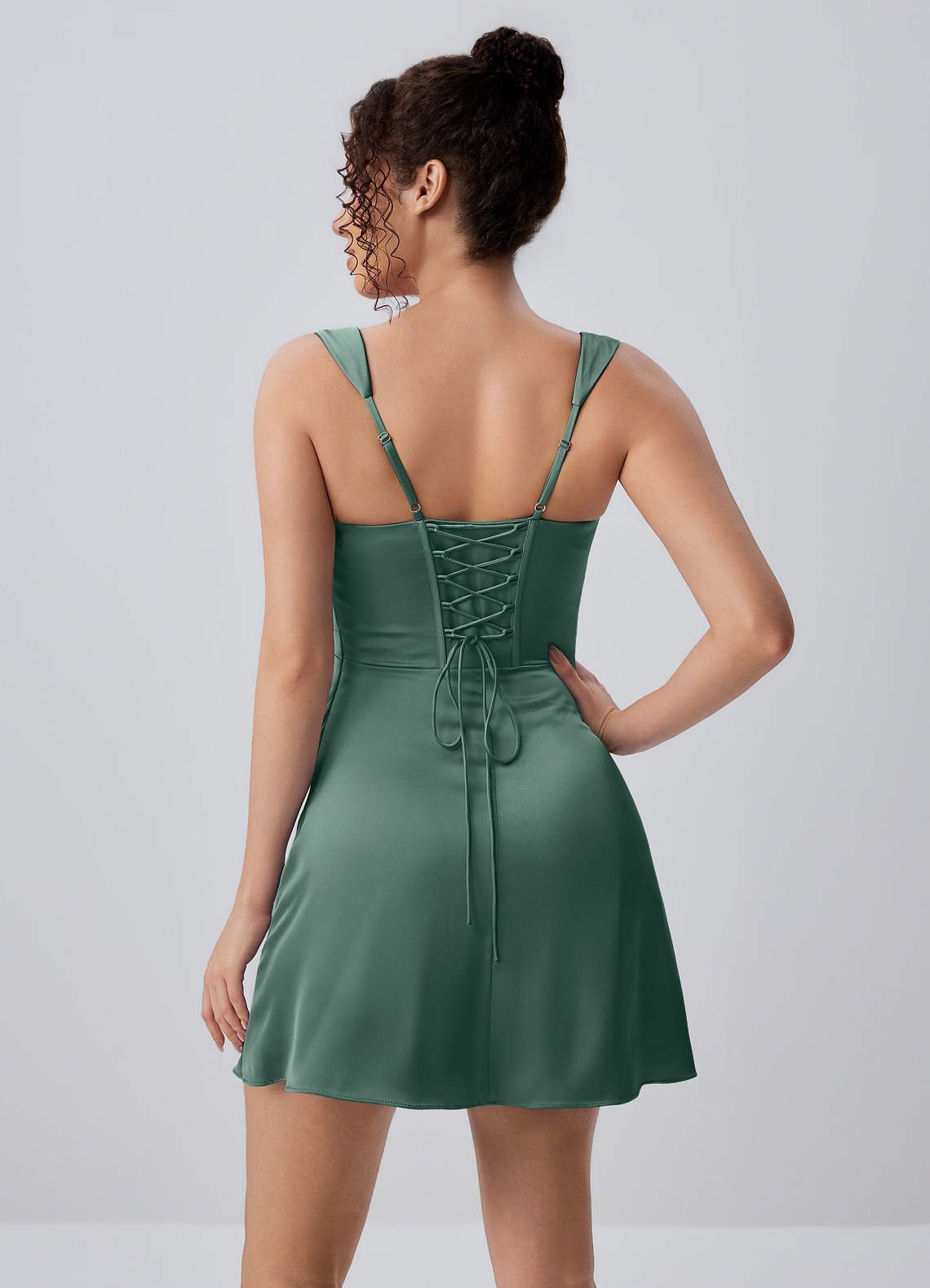 Isabeau Bodycon Mini Square-Neck Satin Prom Dress in eucalyptus