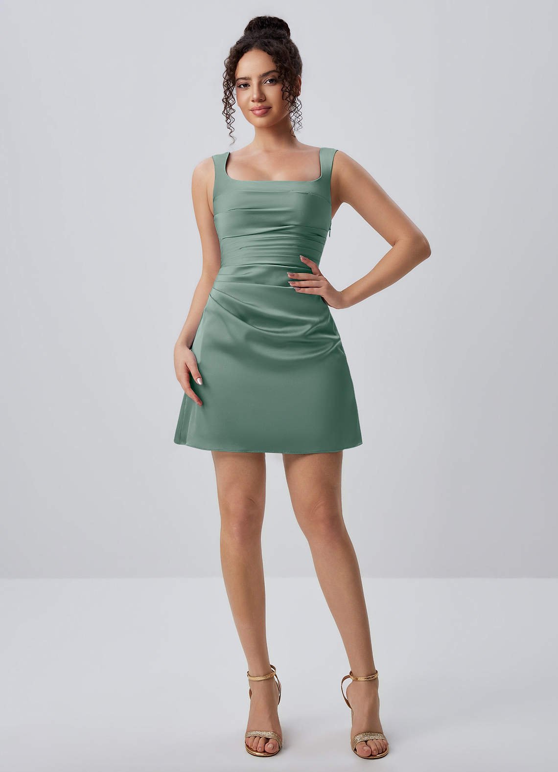 Isabeau Bodycon Mini Square-Neck Satin Prom Dress in Vintage Sage