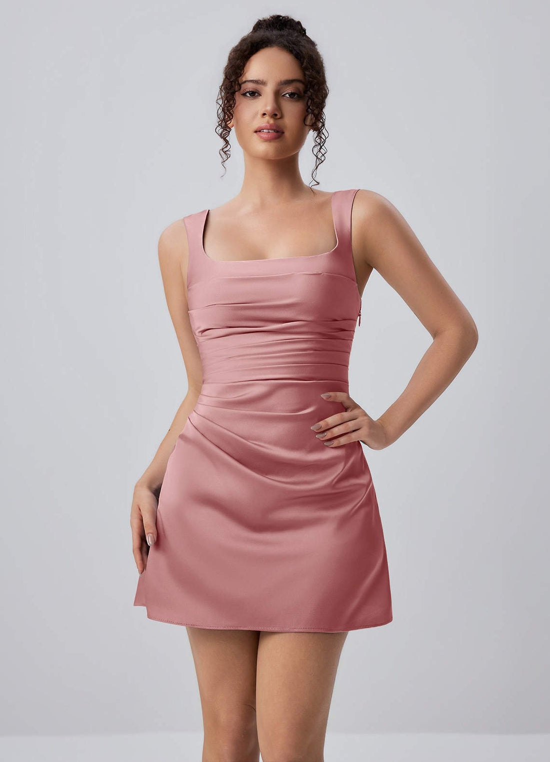 Isabeau Bodycon Mini Square-Neck Satin Prom Dress in Dusty Rose