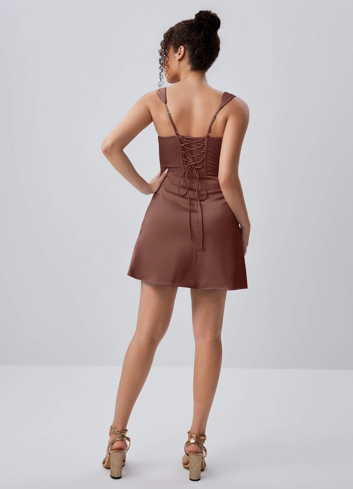 Isabeau Bodycon Mini Square-Neck Satin Prom Dress in Mocha Coco