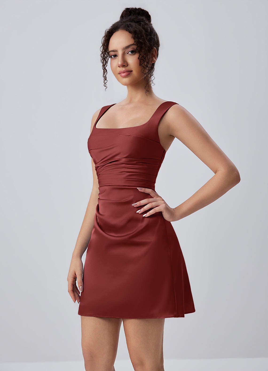 Isabeau Bodycon Mini Square-Neck Satin Prom Dress in Burnt Umber