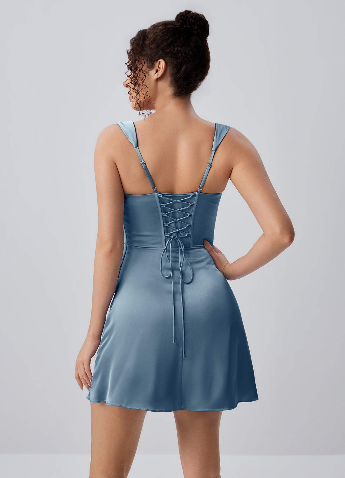 Isabeau Bodycon Mini Square-Neck Satin Prom Dress in Dusty Blue