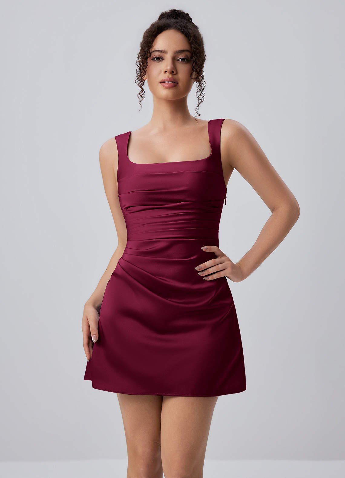 Isabeau Bodycon Mini Square-Neck Satin Prom Dress in Dusty Rose